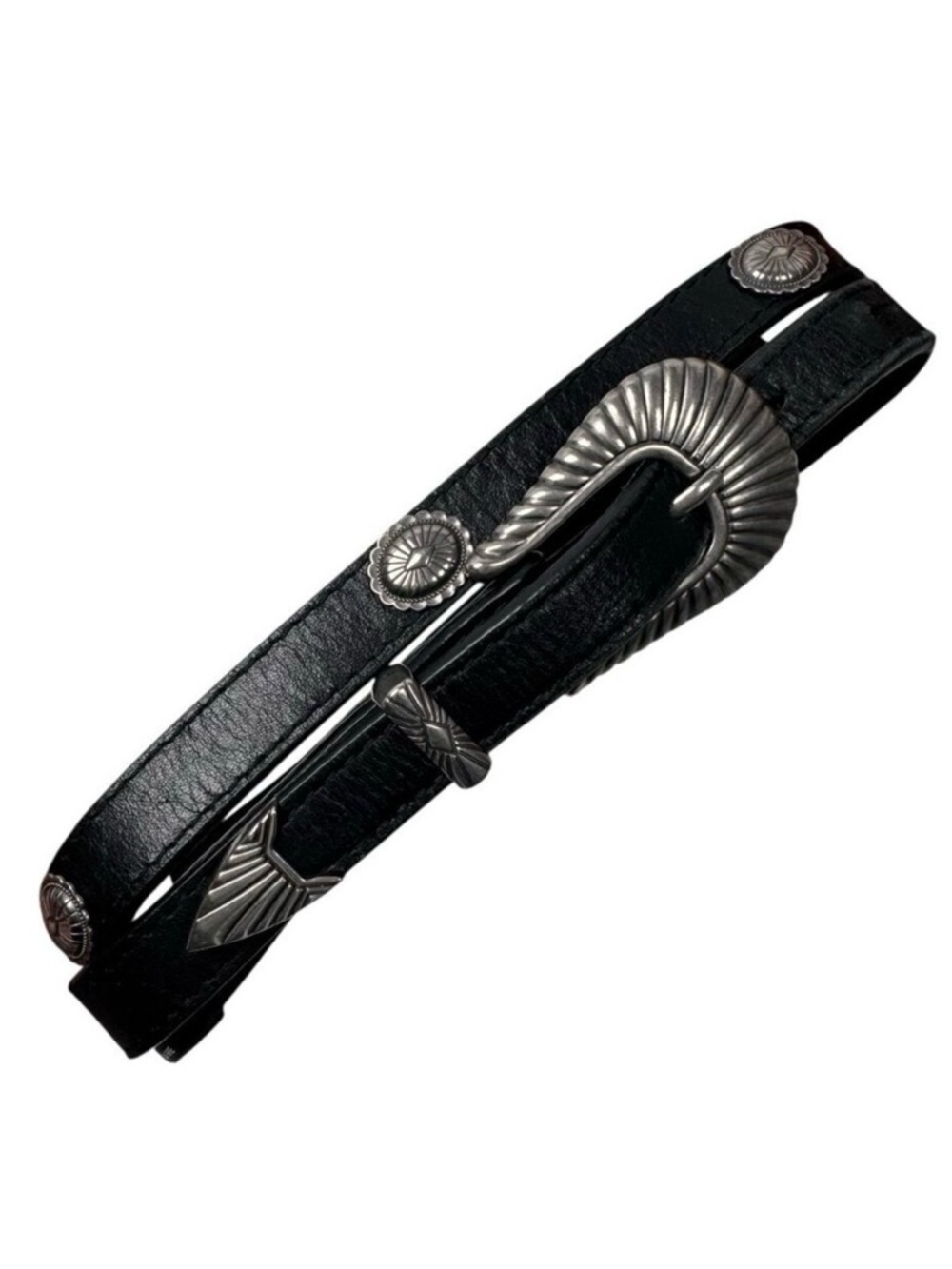 UO Black Leather Slim Belt SZ S Silver Buckle Medallions Western Boho Goth
